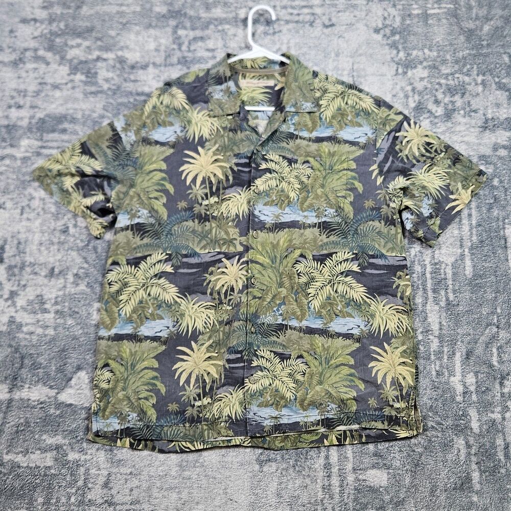 Tommy Bahama Men's L 100% Silk Green Jungle Tropical Floral Camp Hawaiian Shirt